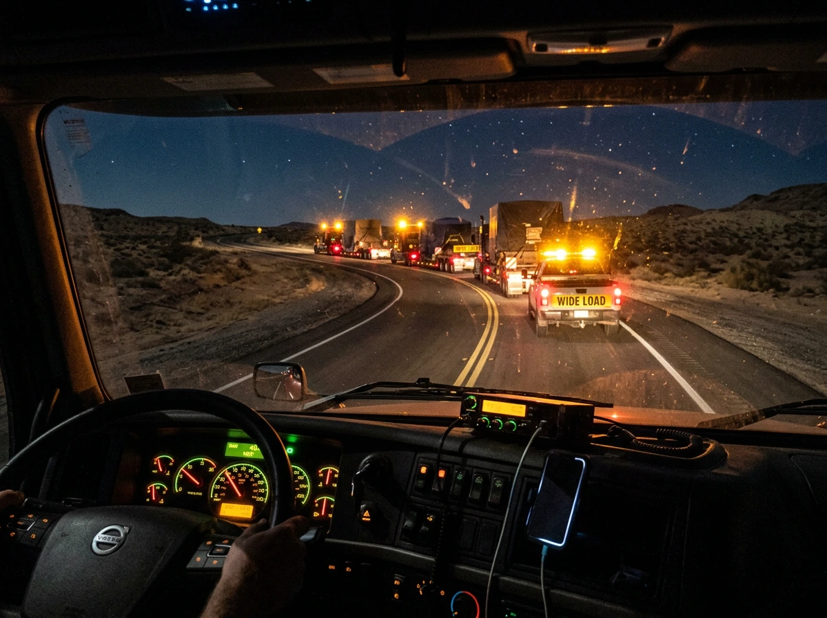 The view from a truck cab at dusk: an escorted wide-load convoy strung out along a desert road, the escort's amber beacons and WIDE LOAD board lit ahead.