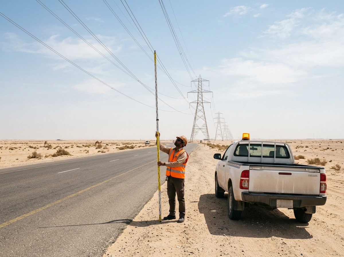 A surveyor on a desert highway holding a telescopic staff up to overhead power lines, his pickup parked on the shoulder with an amber beacon lit.