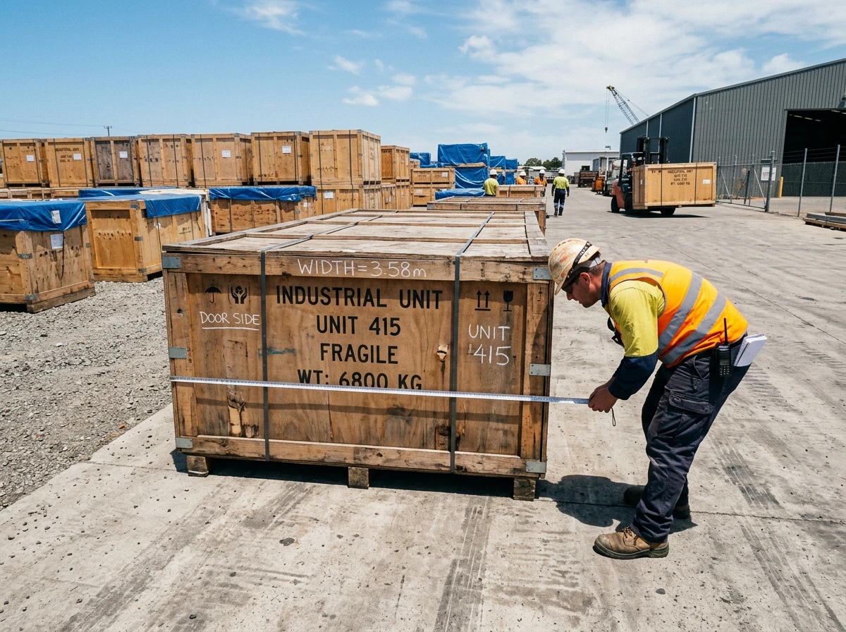 A surveyor in a hi-vis vest running a tape across a timber crate stencilled UNIT 415, 6,800 kg, in a port yard of stacked cases.