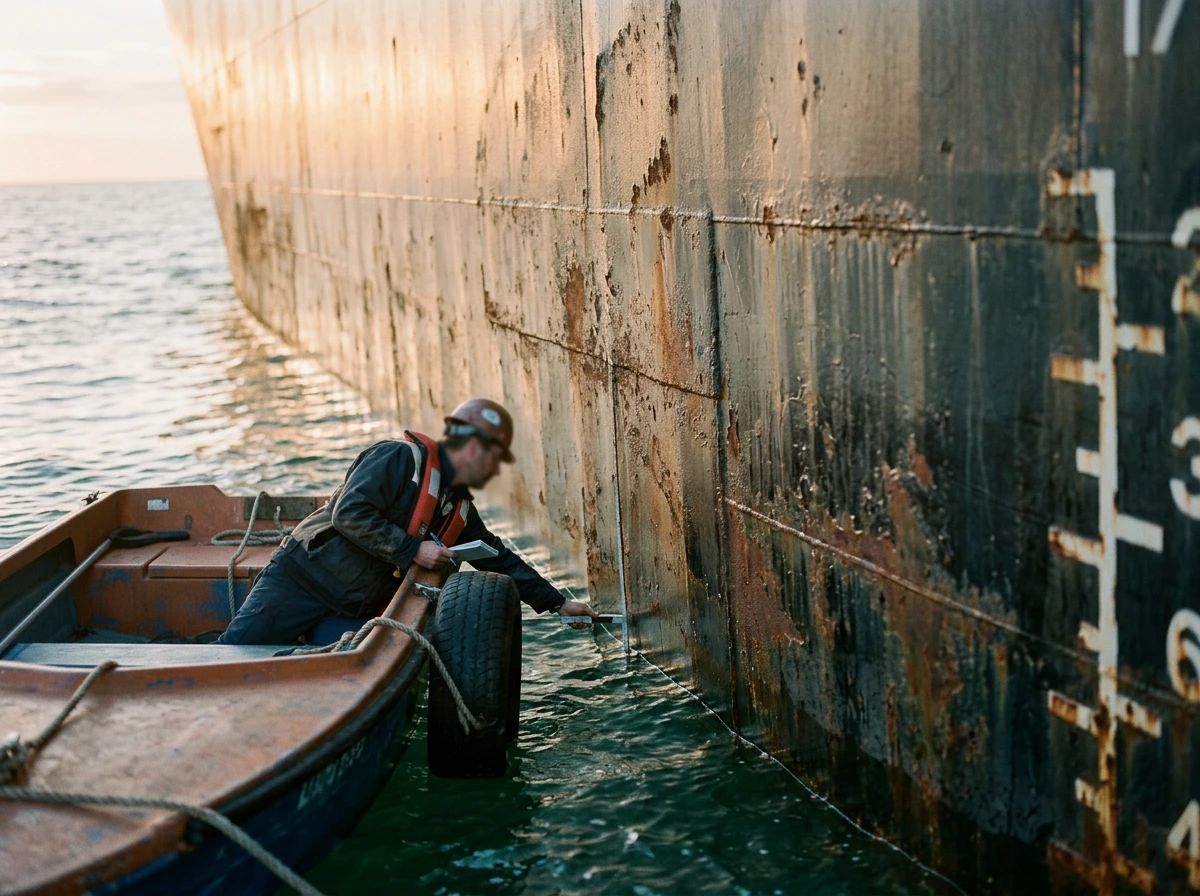 A marine surveyor leaning out of a launch alongside a ship's hull to read the draught marks at the waterline.