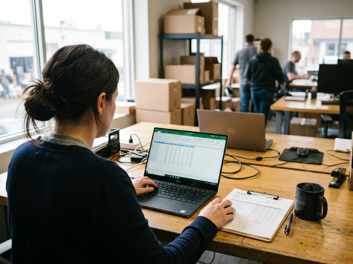 A coordinator at a laptop in a warehouse office, a job spreadsheet on the screen and a packing list on the clipboard beside her, colleagues and stacked cartons behind.